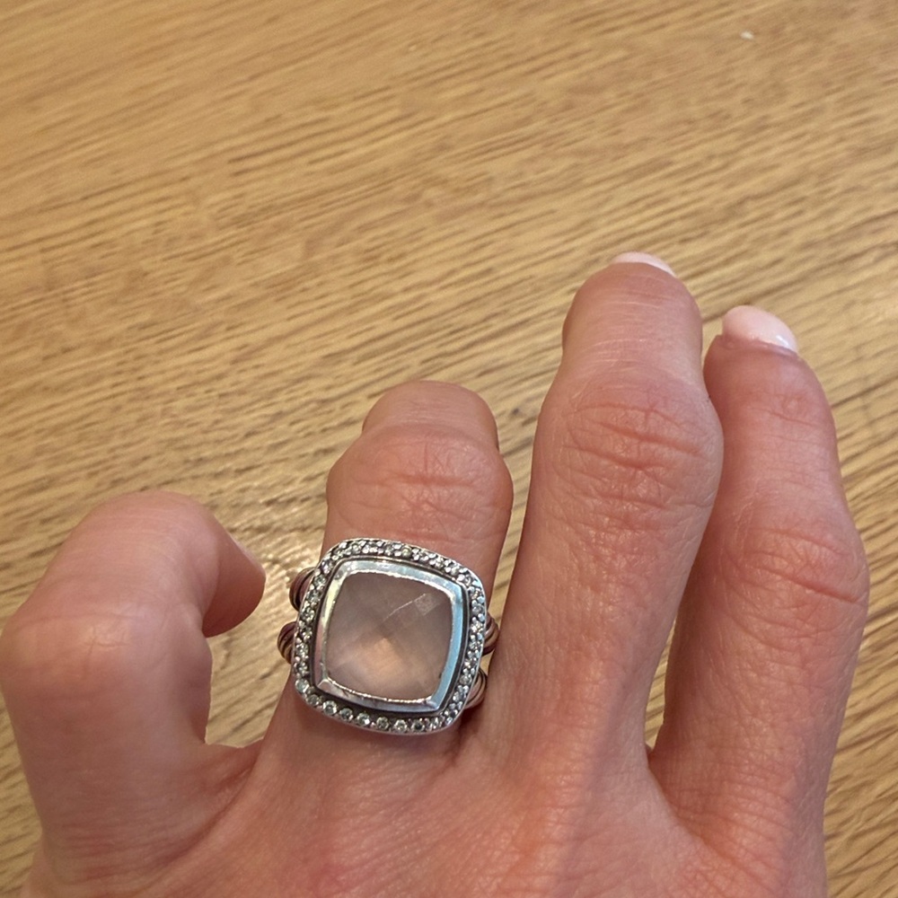 AUTHENTIC DAVID YURMAN Sterling Silver Rose Quartz Pave Diamond Ring